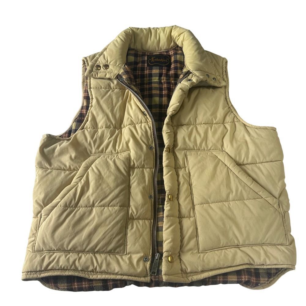 Lakeshire Vintage Mens Puffer Vest Tan Beige Plaid Flannel Lined Quilted XL